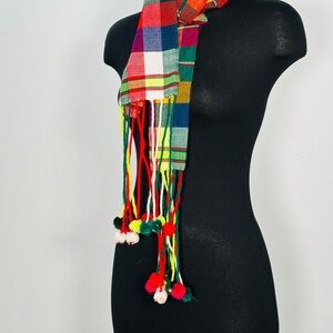 Vintage Hand Woven Checked Plaid Wool Scarf Pom Pom Trim